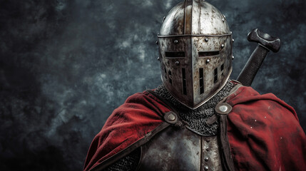 Fototapeta premium Ubrany w masywną zbroję, mężczyzna wygląda jak prawdziwy rycerz gotowy do walki.