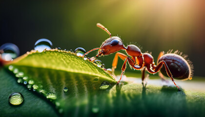 Ant on a leaf with water droplets photographed in macro with a depth of field background.