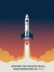 Fototapeta premium Stylized Rocket Launch Illustration: A motivational image featuring a rocket against a gradient sky, symbolizing ambition and success for 2025.
