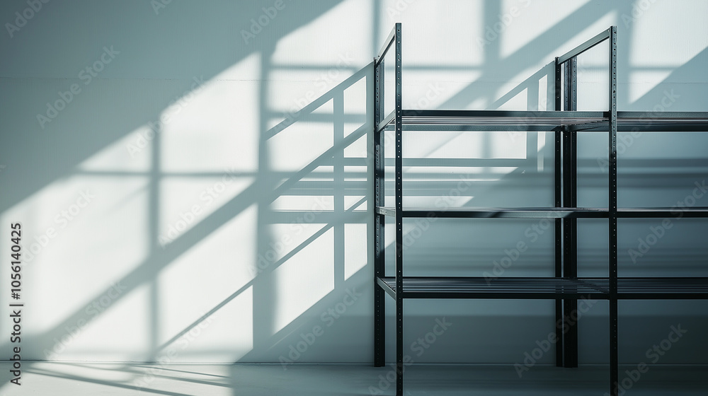 Poster empty shelf in sunlit room: a minimalist metal shelf standing in an empty room with sunlight casting