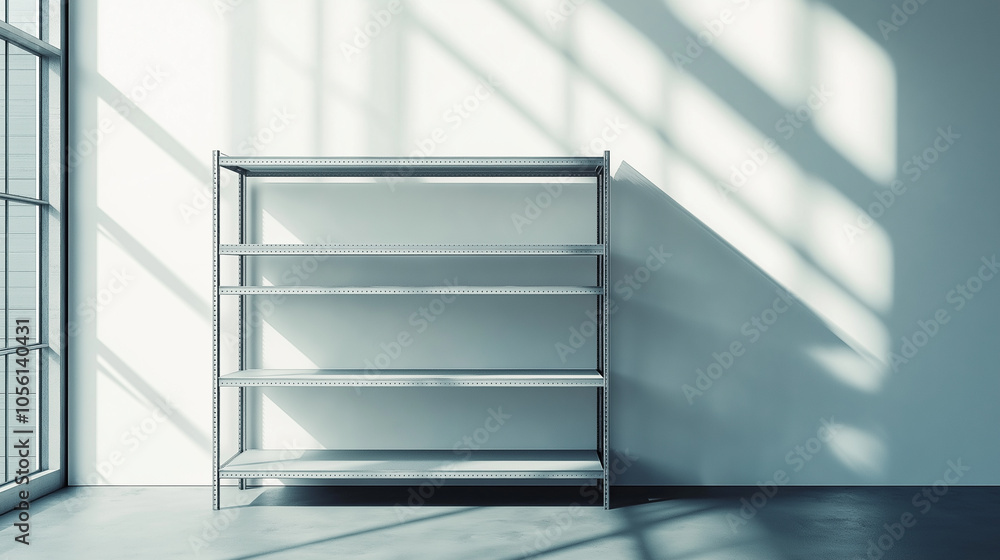 Poster empty shelf in sunlit room: a minimalist metal shelf standing in an empty room with sunlight casting