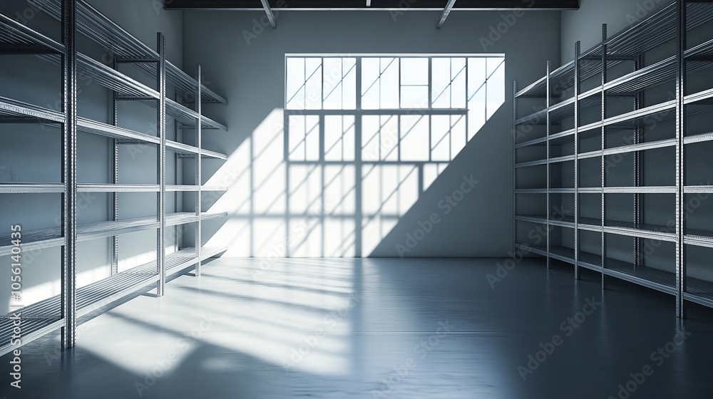 Poster empty shelf in sunlit room: a minimalist metal shelf standing in an empty room with sunlight casting