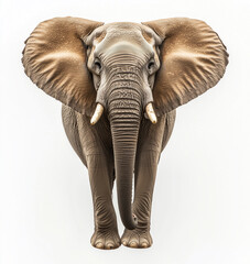 Fototapeta premium Elephant. Front view of an elephant isolated on white background, highlighting its large ears, textured skin, and tusks. Image made using Generative AI.
