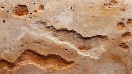 Obraz premium Close-up view of textured rocky surface with natural grooves and indentations forming abstract patterns in earthy tones