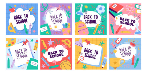 Back to school background cover, card and banner templates set with education stationery design