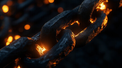 Close-Up of Glowing Metal Chain Links: A macro shot of heavy metal chain links with a glowing effect, symbolizing strength, connection, and industrial themes.