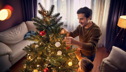 A man decorating a Christmas tree in a living room with light entering the windows through the curtain