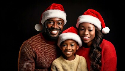 Black family wearing Santa hats, with bearded husband , long-haired wife and son with black background