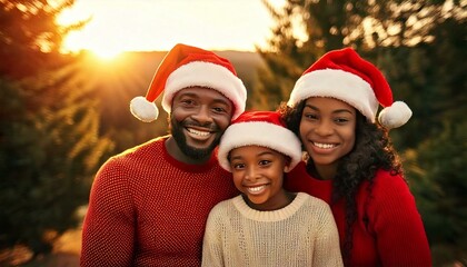 Black family wearing Santa hats, with bearded husband , long-haired wife and son, with a nature background in depth of field