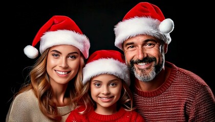 Family with a bearded husband, blonde wife, and daughter wearing a Santa hat with a black background