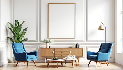 Traditional home living room interior armchairs and drawer, mockup frame,  blue armchairs, wooden sideboard, white walls with molding, empty picture frame