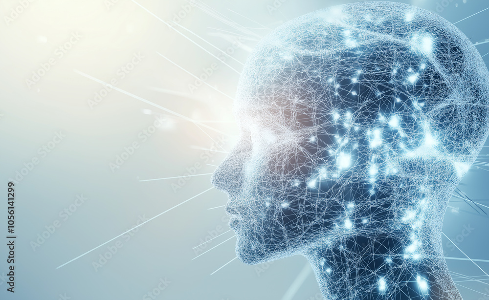 Poster digital head with neural connections in blue: abstract digital rendering of a human head profile mad