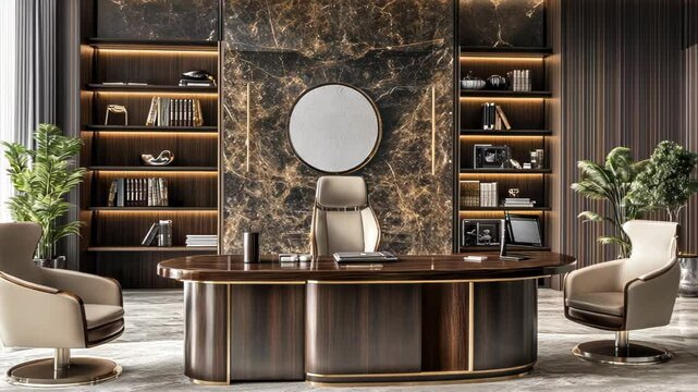 Modern executive office featuring elegant furniture and sophisticated decor.