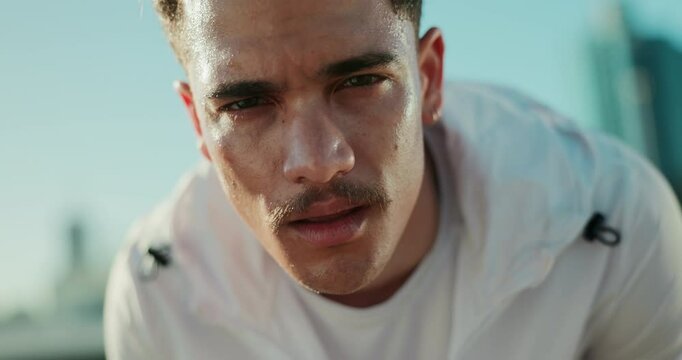 Face, tired and man with sweat for fitness, running challenge and cardio exercise for wellness. Outdoor, male person and runner in portrait for rest break, exhausted or breathing for training session