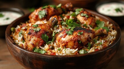 Fototapeta premium Spicy Chicken Biryani in Wooden Bowl Close Up