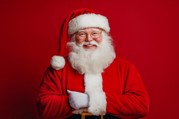 Jolly Santa Claus in Red Suit on red Background