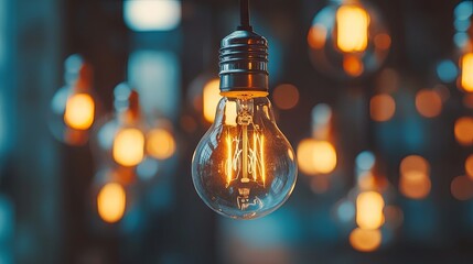 Glowing Vintage Light Bulb Hanging Against a Blue Background