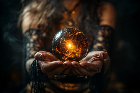 Girl fortune teller holding a divination crystal ball on a magic table background.