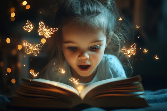 Little girl reading a book with glowing butterflies flying out background.