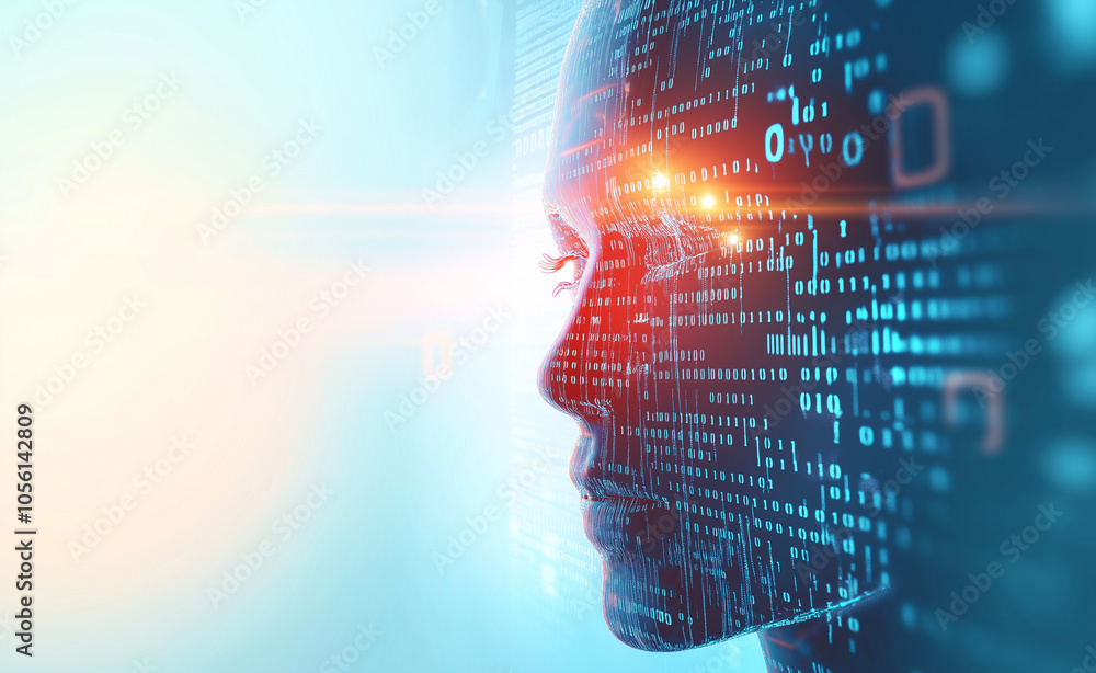 Poster human face with digital data overlay: a profile of a human face with illuminated digital code and da