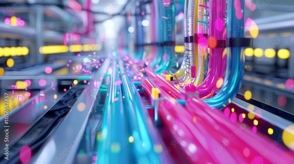 Poster colorful cables are transferring data inside a futuristic server room with a beautiful bokeh effect,