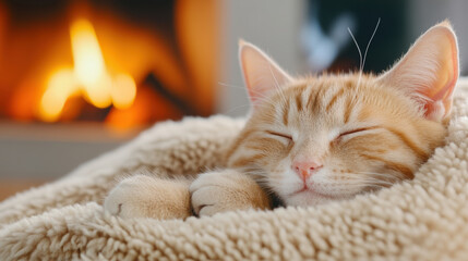 Cozy ginger cat sleeping peacefully by a warm fireplace, AI