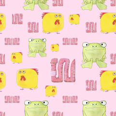 Seemless Pattern - Little adorable trio of a hand-drawn worm, a chicken and a frog 