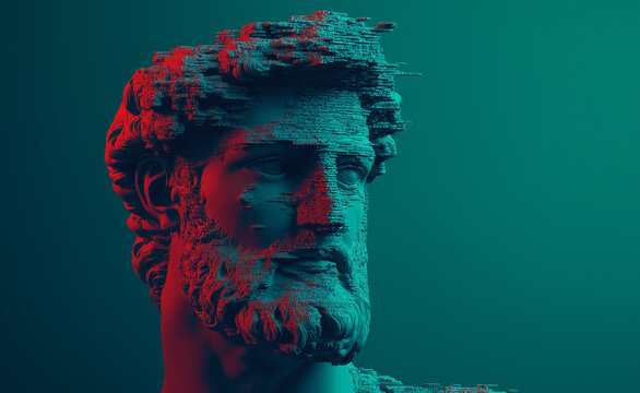 Classical Bust with Digital Glitch Effect: A classical statue bust with a digital glitch effect in red and blue, blending ancient art with modern digital aesthetics.