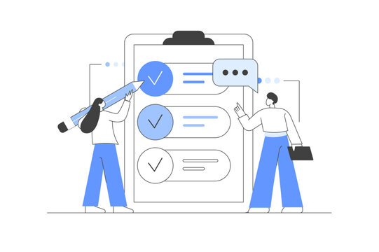 Filling online survey form on gadgets, to do list paper note. Online survey. Customer service and user experience concept. Vector Illustration, icon. Stylish, Minimalist line, abstract