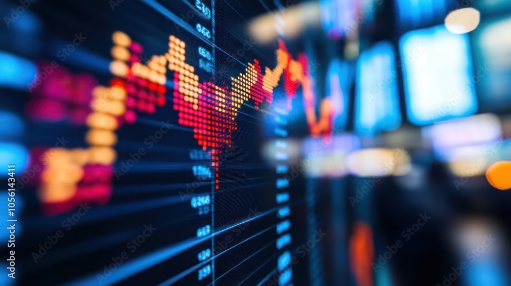 Poster a close-up of a stock market ticker with a world map displayed on a screen.