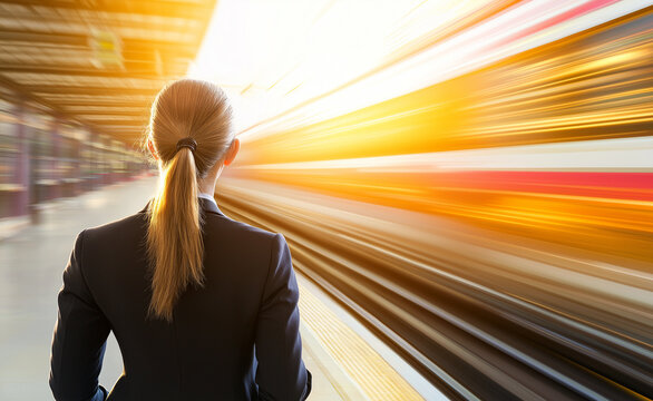 Businesswoman Observing High-Speed Trains Passing by: Back view of a businesswoman with a ponytail watching two high-speed trains zoom past on parallel tracks, with a bright sun in the background.