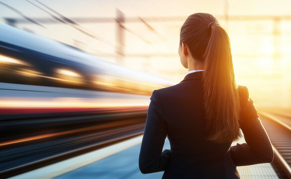 Businesswoman Observing High-Speed Trains Passing by: Back view of a businesswoman with a ponytail watching two high-speed trains zoom past on parallel tracks, with a bright sun in the background.