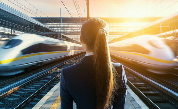 Businesswoman Observing High-Speed Trains Passing by: Back view of a businesswoman with a ponytail watching two high-speed trains zoom past on parallel tracks, with a bright sun in the background.