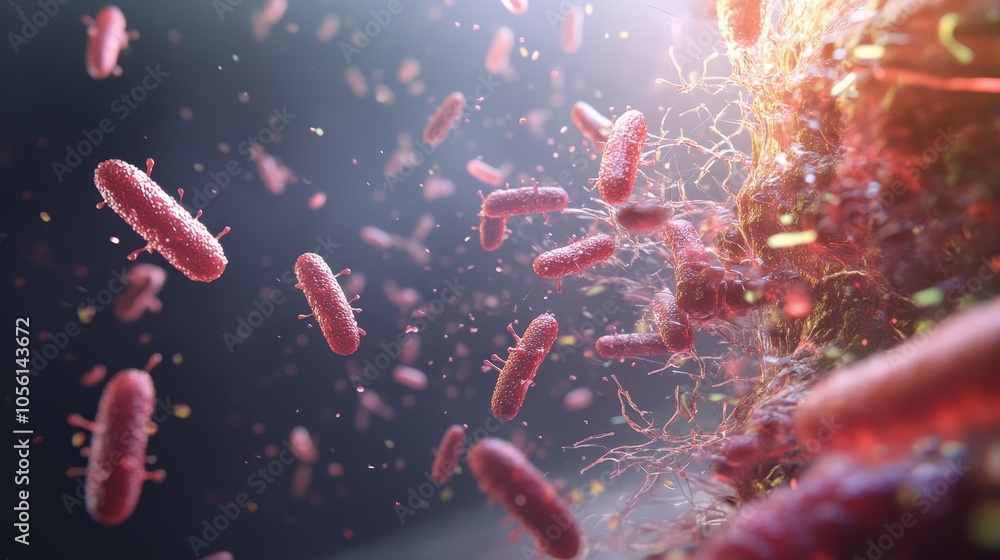 Poster vibrant red bacteria float in a lively microscopic environment, illustrating the dynamic interaction