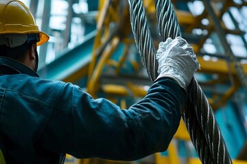 A construction worker inspects steel cables at a bustling urban site in daylight. Generative AI