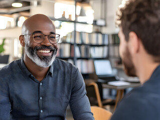 A smiling Black man with a beard and glasses is having a conversation with a coworker.