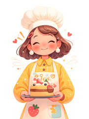 A smiling female chef with a chef hat, holding a plate of cake with strawberries and blueberries.