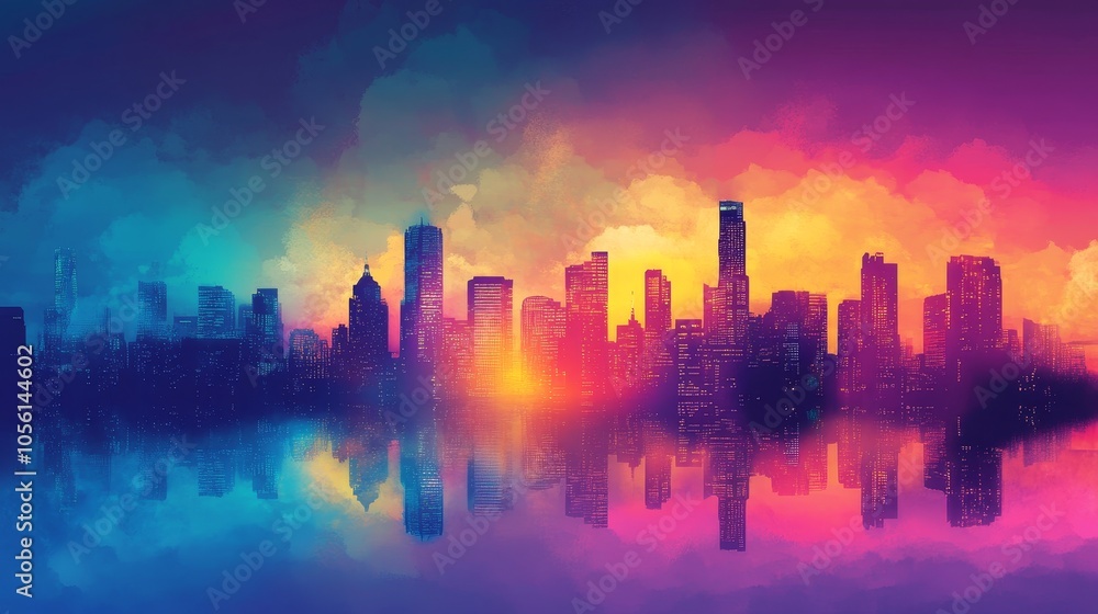 Poster a vibrant skyline is beautifully mirrored on the water below, highlighting the glow and colors of du