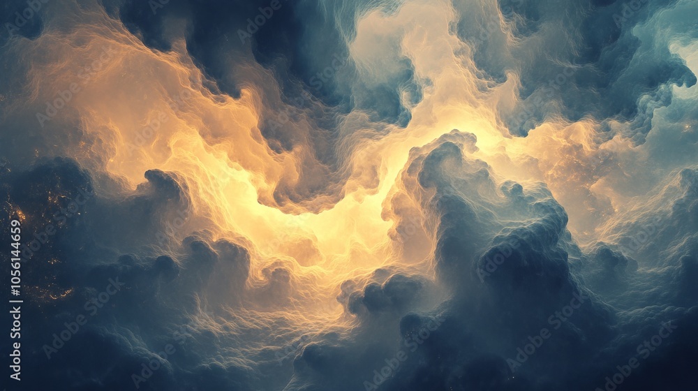 Poster magical swirling clouds with a glowing light within, creating an ethereal atmosphere that evokes won