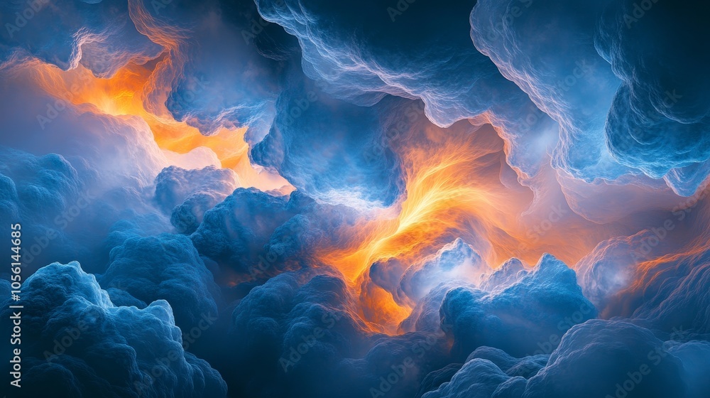 Poster dynamic panorama of clouds with luminous energy coursing through, evoking a sense of celestial wonde