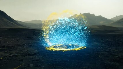 video blue circular spinning elemental yellow Stock particles wasteland mountainous swirled particle mystical magical fantasy cosmic abstract motion energy vibrant dynamic surreal aethereal mesmerizi