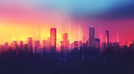 Fototapeta premium A vivid city skyline at dusk with colorful digital effects, creating a dramatic fusion of urban architecture and radiant hues in an abstract, modern representation.