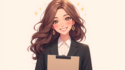 A smiling woman in a suit and white shirt holding a clipboard, looking happy and confident.