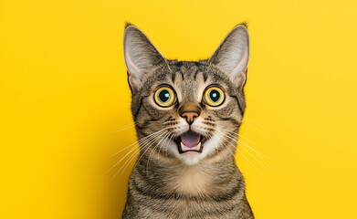 Surprised Tabby Cat on Yellow Background: Close-up of a wide-eyed tabby cat with a surprised expression on a bright yellow background.