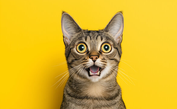 Surprised Tabby Cat on Yellow Background: Close-up of a wide-eyed tabby cat with a surprised expression on a bright yellow background.