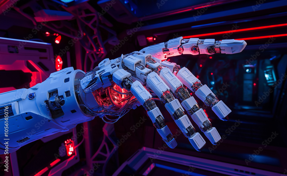 Poster robotic hand in futuristic setting: close-up of a mechanical robotic hand with intricate details, se