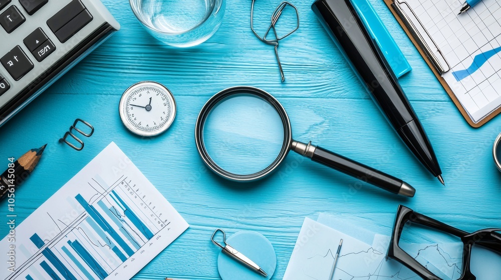 Poster comprehensive business analytics workspace equipped with various tools and graphs for effective data
