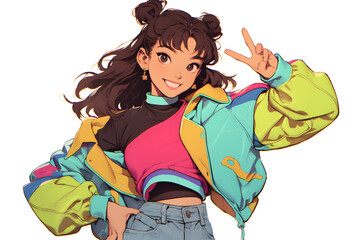 A smiling young woman with brown hair in space buns, wearing a colorful jacket, poses with a peace sign.