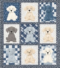 patchwork design with checkered patterns in grey, blue, and white, 
