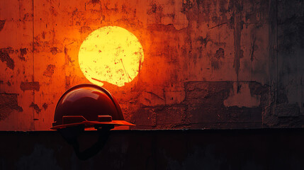 "A silhouette of a safety helmet stands against the backdrop of a sunset at a construction site."

